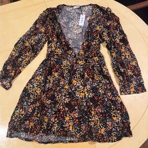 Aura spring  Floral Black Babydoll Mini Dress Rayon 100% Size L/M/sm